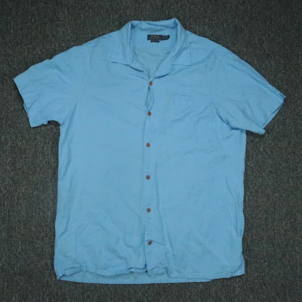 Polo Ralph Lauren Shirt Mens XL Blue Short Sleeve Linen Classic Fit Camp Collar